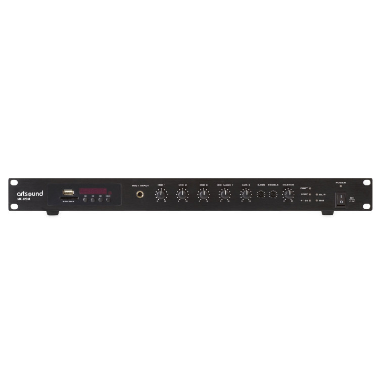 ArtSound MX-120M, mengversterker met muziekbron, 19“ 1U, 100V, 120W ArtSound MX-120M, mengversterker met muziekbron, 19“ 1U, 100V, 120W